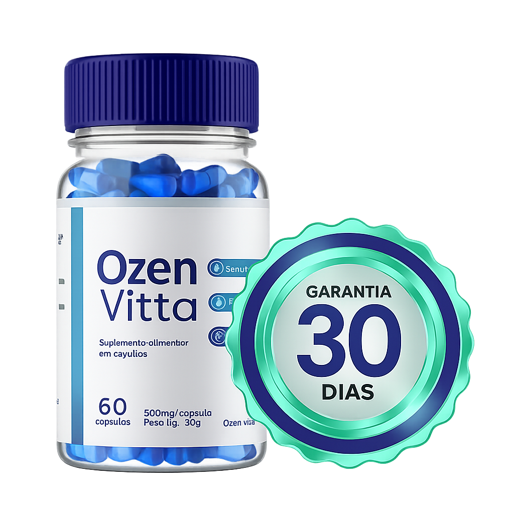 Frasco oficial do suplemento mostrando se o Ozenvitta funciona mesmo com selo de 30 dias de garantia.