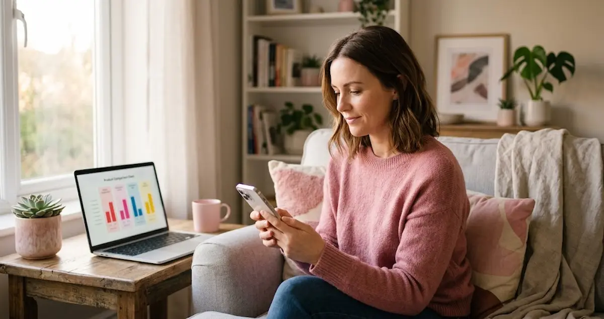 Mulher pesquisando no celular um comparativo de suplementos para emagrecimento antes de comprar