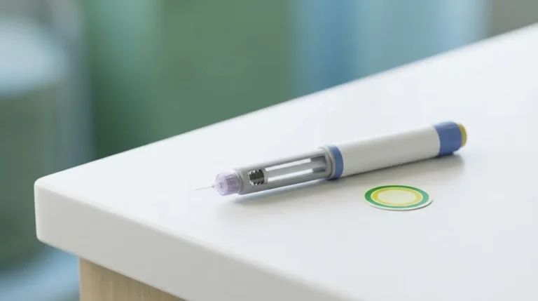 Caneta injectável genérica sobre bancada clínica, ilustrando a Ozivy, primeira caneta emagrecedora nacional de semaglutida