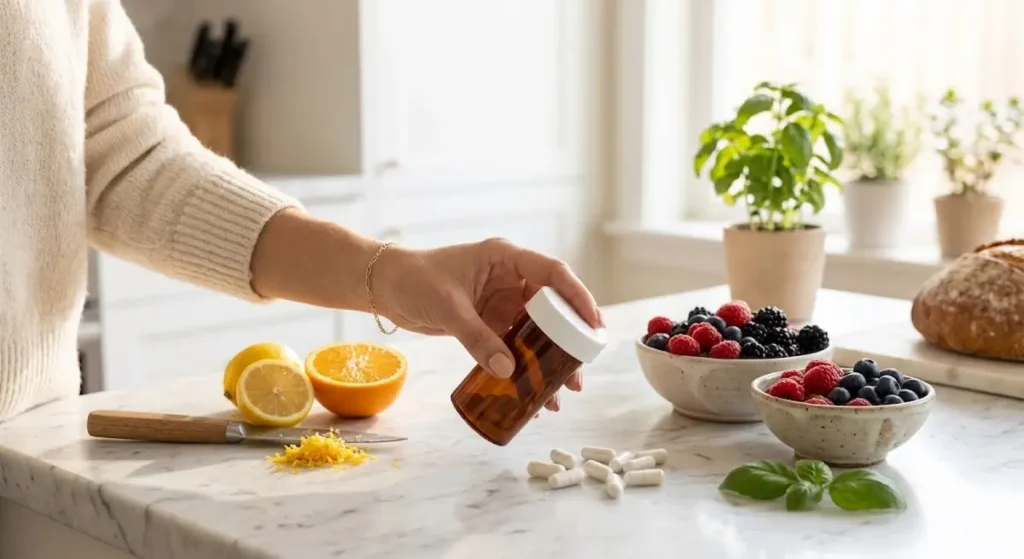 Cápsulas de suplemento natural ao lado de frutas frescas, representando suporte metabólico como alternativa não-prescrita para emagrecimento