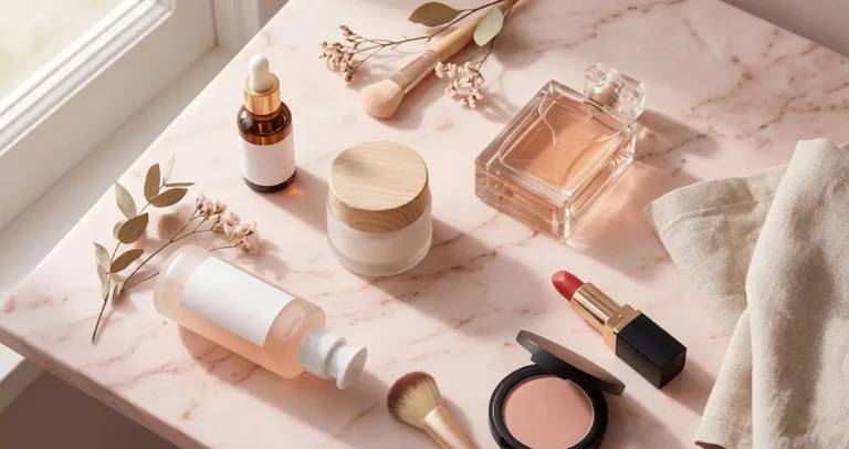 Produtos de skincare, perfume e maquiagem organizados em uma bancada, guia de Black Friday cosméticos 2026