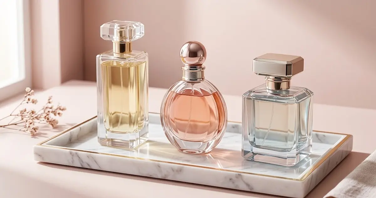 Frascos de perfumes importados sobre uma bandeja de mármore com fundo neutro, guia de Black Friday perfumes importados 2026