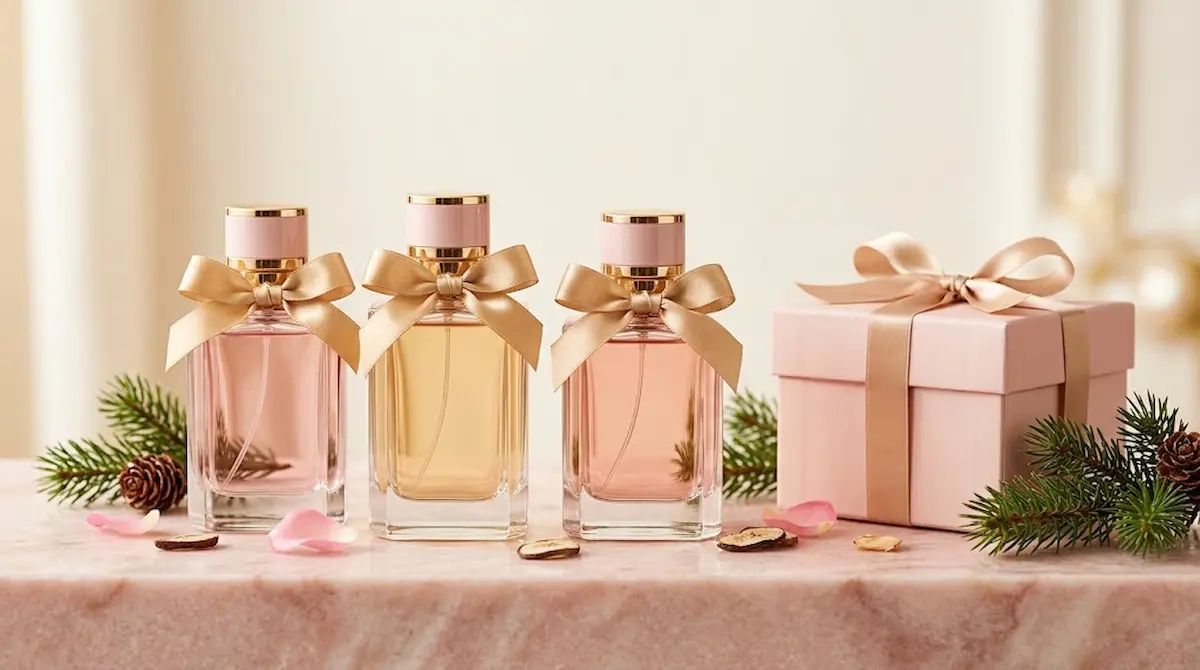 Perfume árabe feminino presente: frascos com laço dourado e caixa de presente para o Natal 2026