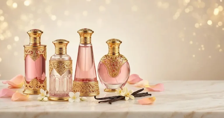 Perfume Lattafa feminino: frascos de perfume árabe em tons de rosa e dourado